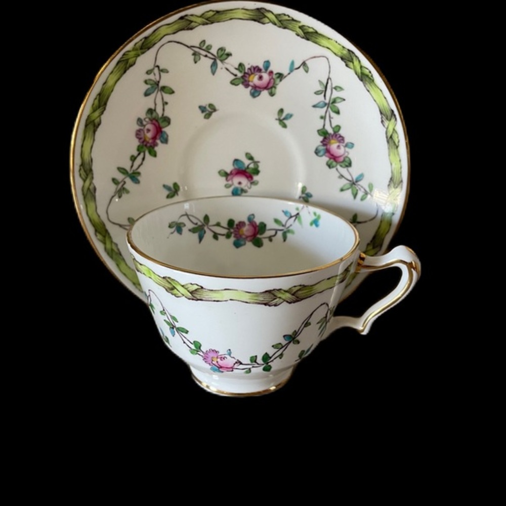 Staffordshire England Bone China Tea Cup and Saucer White Gold Rimmed Floral